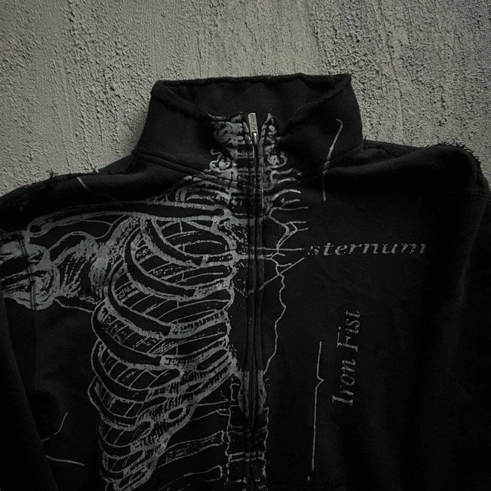 Vintage Iron Fist Zip Up Sweatshirt Medium Black 2000s Y2K Skeleton - Picture 2 of 10